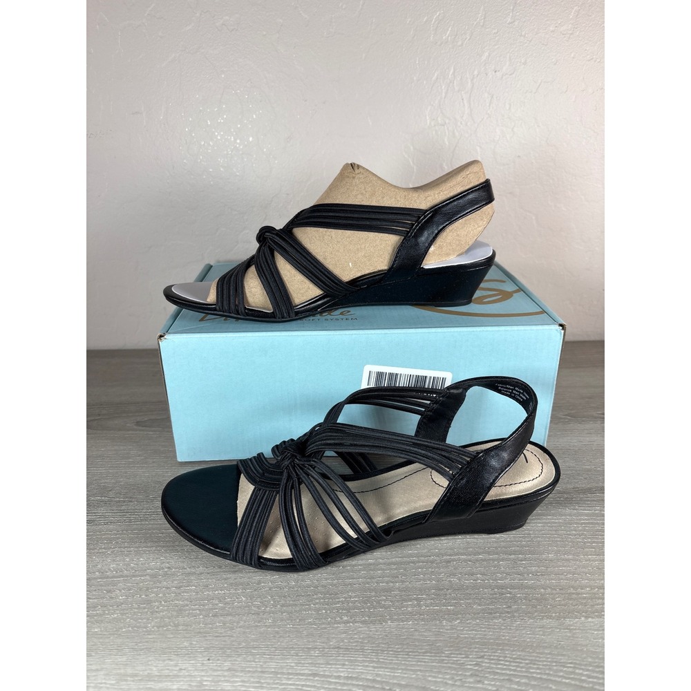 LifeStride Yvette Black Heirloom Wedge Sandals Soft System Strappy 7.5M New